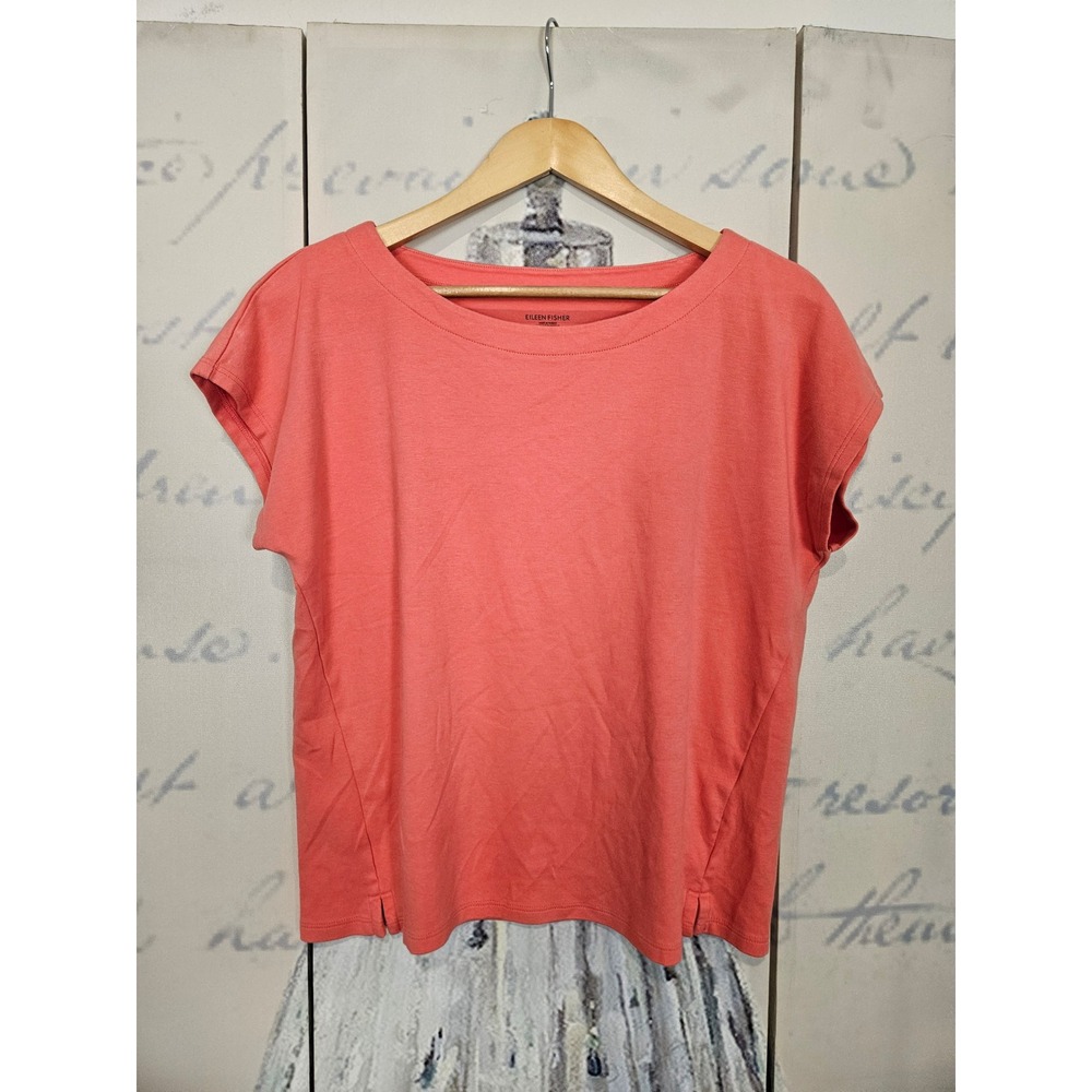 Eileen Fisher Tee M Coral Pink 100% Organic Cotton Cap Sleeve Relaxed Scoop Neck